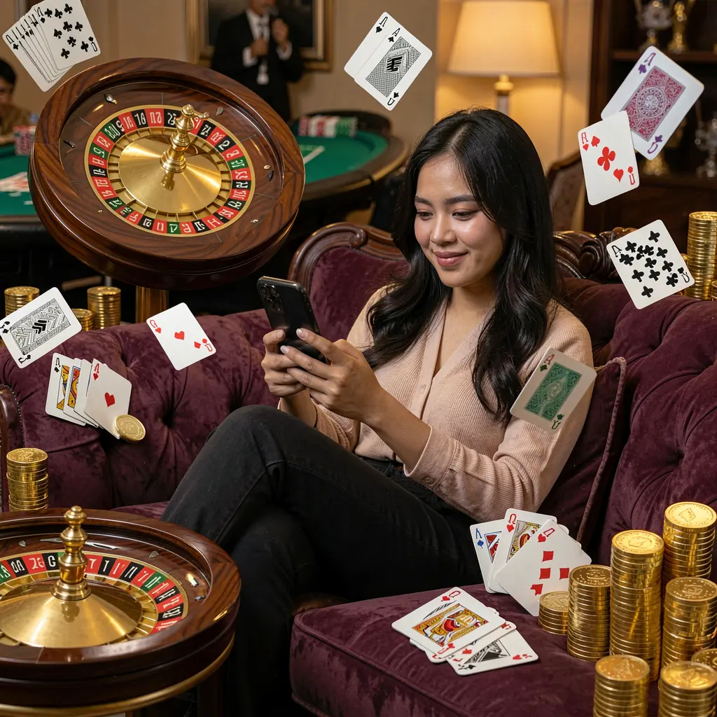 Relaxed Indonesian woman browsing the XR888 APK casino app on her phone with floating gold coins cards and roulette creating a premium gaming mood