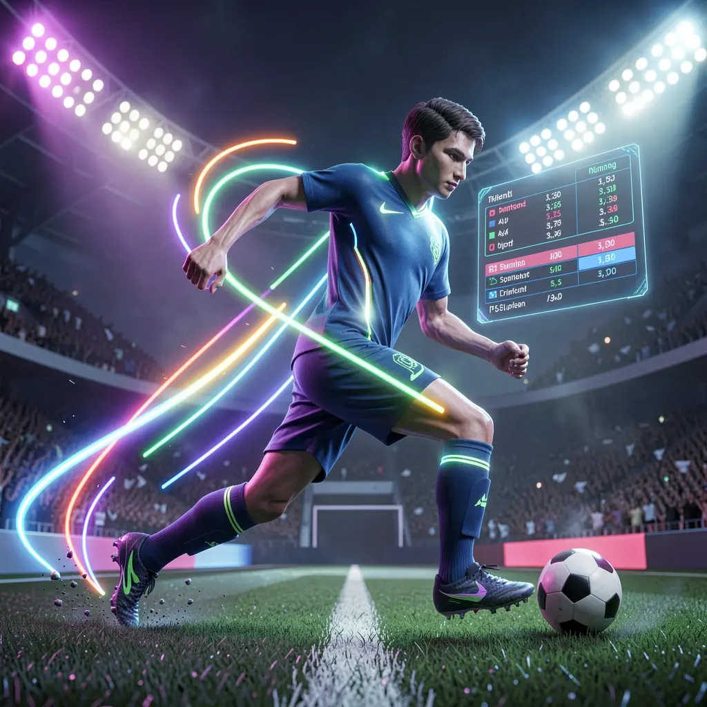Futuristic soccer player in glowing neon gear controlling the ball inside a digital stadium showcasing live sports betting on XR888 APK in Indonesia