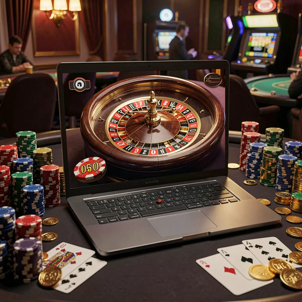 Stylish online roulette interface on a laptop surrounded by casino chips and cards representing the immersive live casino atmosphere of XR888 APK in Indonesia