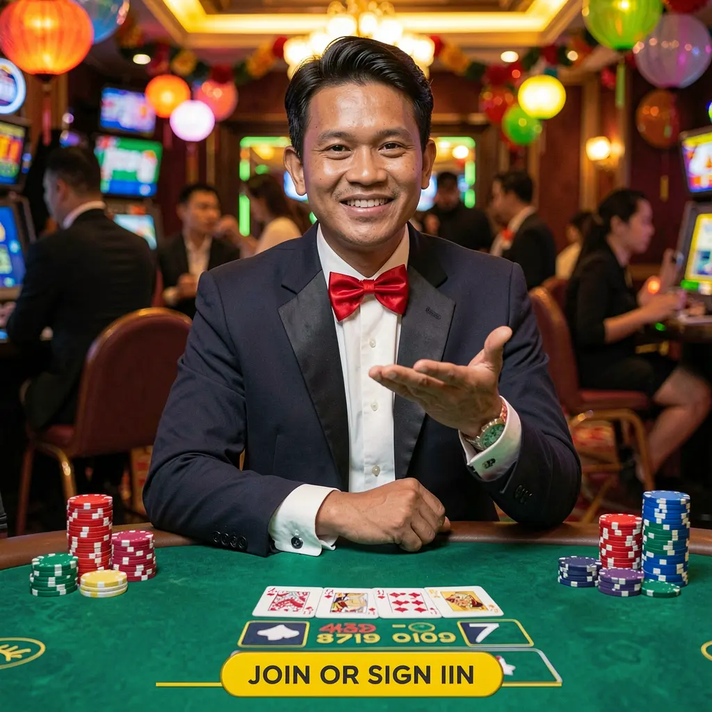 Welcoming Indonesian casino host inviting players to join the XR888 APK platform with a bright and festive gaming atmosphere